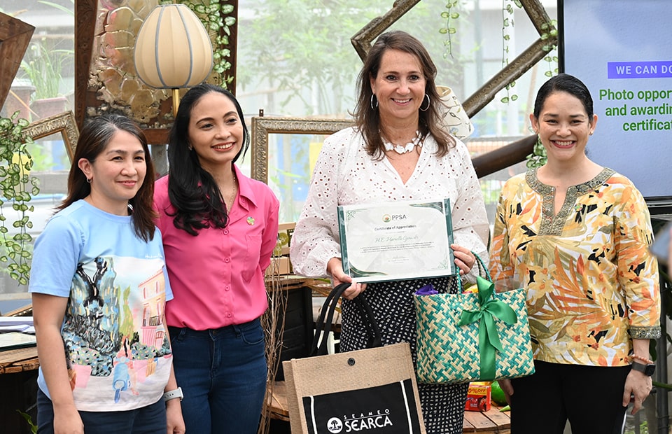 (from left) SEARCA's Research and Thought Leadership Department Head, Dr. Gerlie Tatlonghari; GrowAsia Head of Partnerships, Ms. Amy Chua; Her Excellency Marielle Geraedts; and PPSA Country Director, Ms. Angel Bautista.