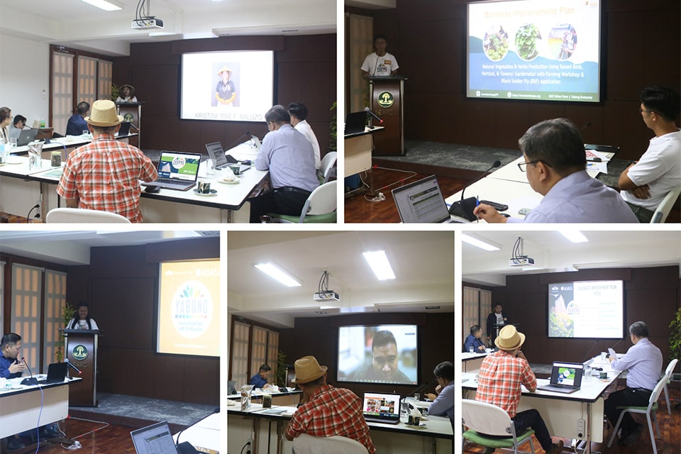 Yabong winners (Ms. Kristine Mae Baluzo, Mr. Mark Lee Babaran, Ms. Rochelle Lafrades, Mr. Christian Paolo Magsino, and Mr.Roberto Diala, pitching their BIPs to the panel of judges at the Sam-Arng room at SEARCA.