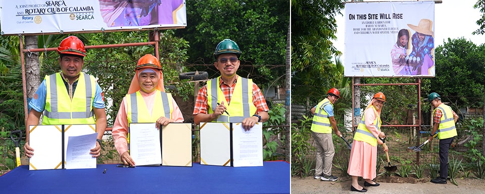 Dr. Glenn Gregorio, SEARCA Center Director; Engr. Federic Inion, Rotary Club of Calamba President Elect; and Sr. Ma. Immaculate Ancog, Missionary Sisters of Our Lady Fatima Center Head for Bahay ni Maria, sign a tripartite agreement to design and establish an edible garden.