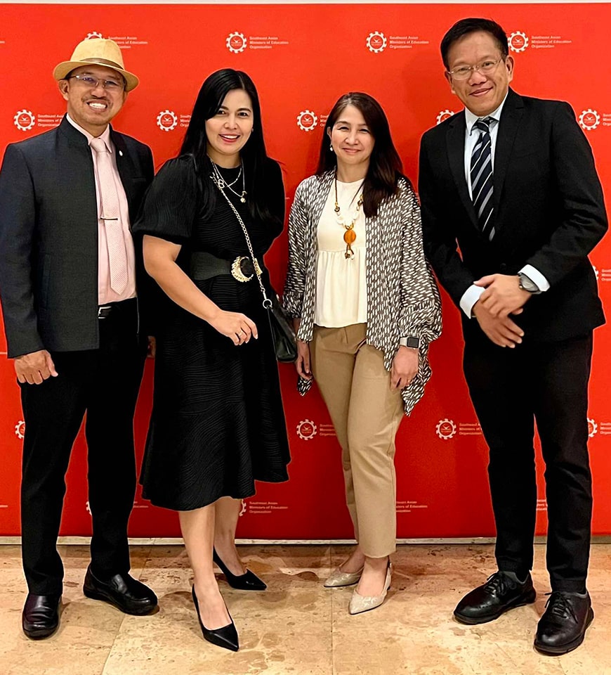 The SEARCA delegation to the SEAMEO CDM 2024 comprised (from left) Dr. Glenn Gregorio, Center Director; Ms. Beatrisa Martinez, Executive Coordinator, Office of the Director; Dr. Gerlie Tatlonghari, Program Head for Research and Thought Leadership; and  Assoc. Prof. Joselito Florendo, Deputy Director for Administration.