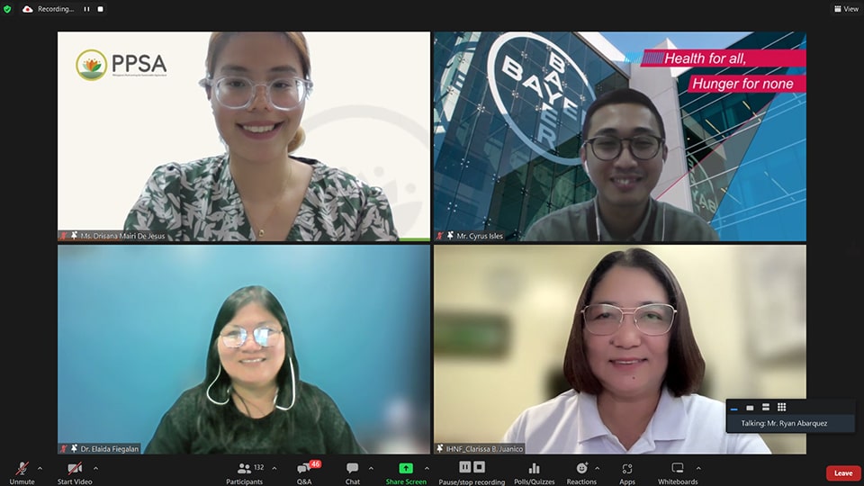 The resource speakers for the panel discussion on corn and the session moderator, Ms. Drisana Mairi De Jesus (top, left), PPSA Communication Officer.  Top, right: Mr. Cyrus Isles from Bayer CropScience Philippines  Bottom, from left: Dr. Elaida Fiegalan from CLSU and Dr. Clarissa Juanico from UPLB.