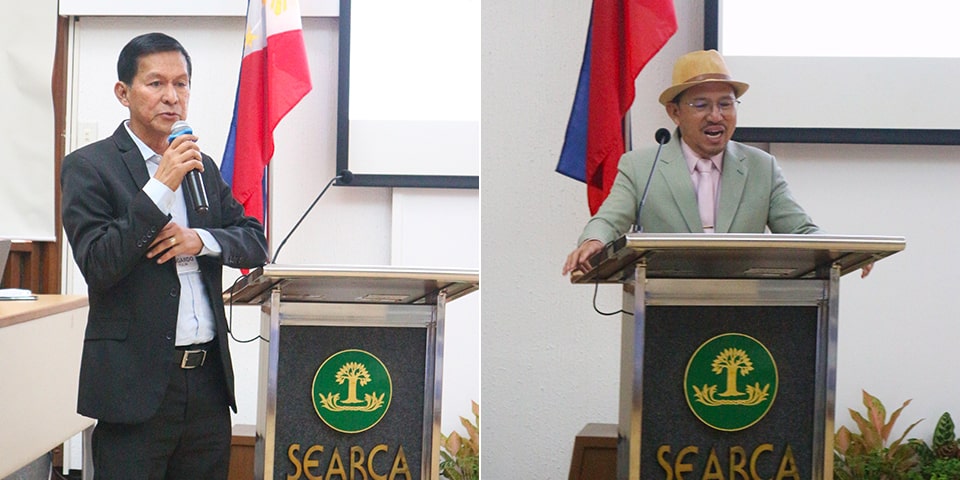 Dr. Edgardo Tulin (left) presented the synthesis of the event and ways forward for the roadmapping project, while SEARCA Center Director Glenn B. Gregorio (right) delivered the closing message. 