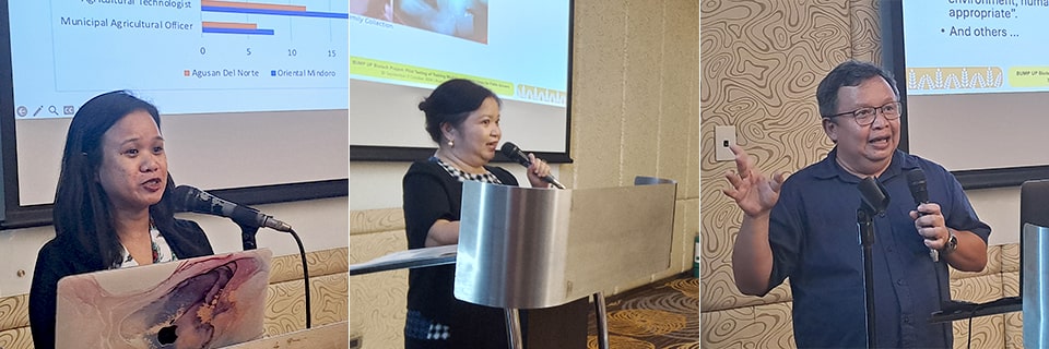 (from left) Dr. Reianne Quilloy discusses the baseline survey results while Dr. Maribel Zaporteza and Mr. Carlo Custodio, Jr. lead the discussions for Learning Areas 1 and 2, respectively.