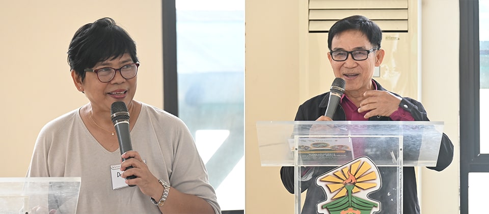 From left: Dr. Lourdes Taylo discussed the basics of biotech and the development of Bt eggplant, while Mr. Edwin Paraluman shared his experiences as a Bt corn farmer. Dr. Marissa Romero, who covered Malusog Rice, joined the discussion via Zoom.