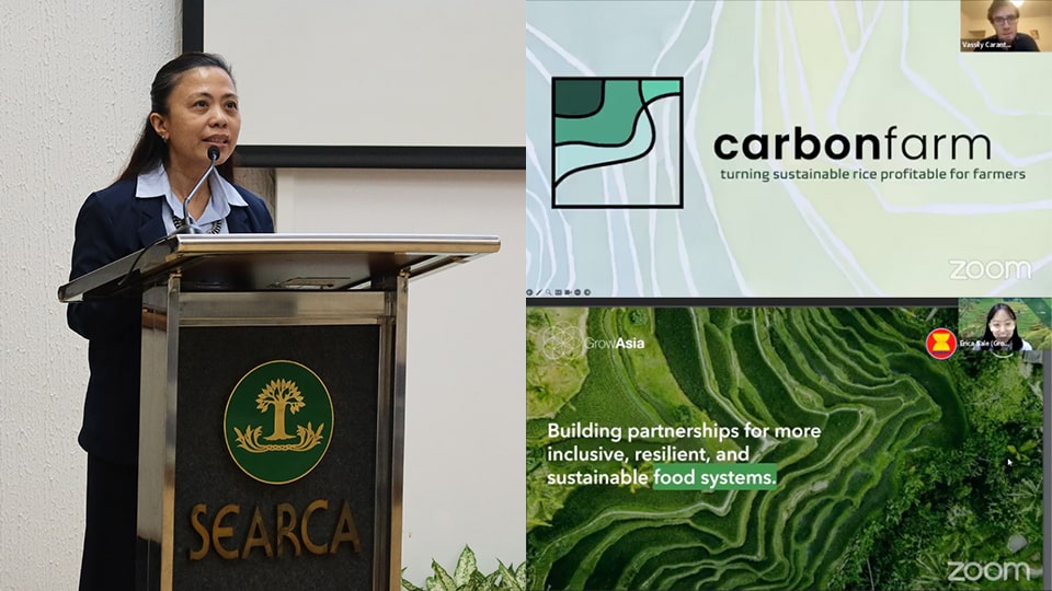 Ms. Carlos of SEARCA (left), Mr. Carantino of CarbonFarm (top right), and Ms. Sale of Grow Asia (bottom right) introduced their respective organizations, including their programs and projects.