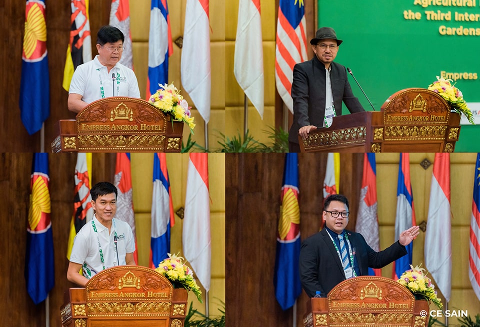 Clockwise from the top: Dr. Bunthan Ngo, Dr. Glenn Gregorio, Dr. Lyda Hok, and Dr. Dexter Galban deliver keynote speeches and messages during the conference.