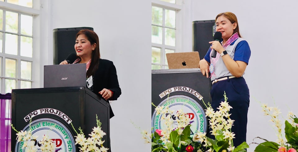 (L-R) Ms. Soledad Villanueva, Public Schools District Supervisor (PSDS) of Los Baños, and Ms. Anna Gale Vallez, Program Specialist, during their presentation on the opportunities and challenges associated with school gardens, as well as the introduction of the S+HG Project.